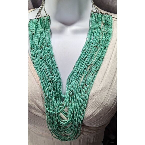 Multilayer Turquoise And Silver Tone Glass Beaded Necklace - Picture 4 of 6